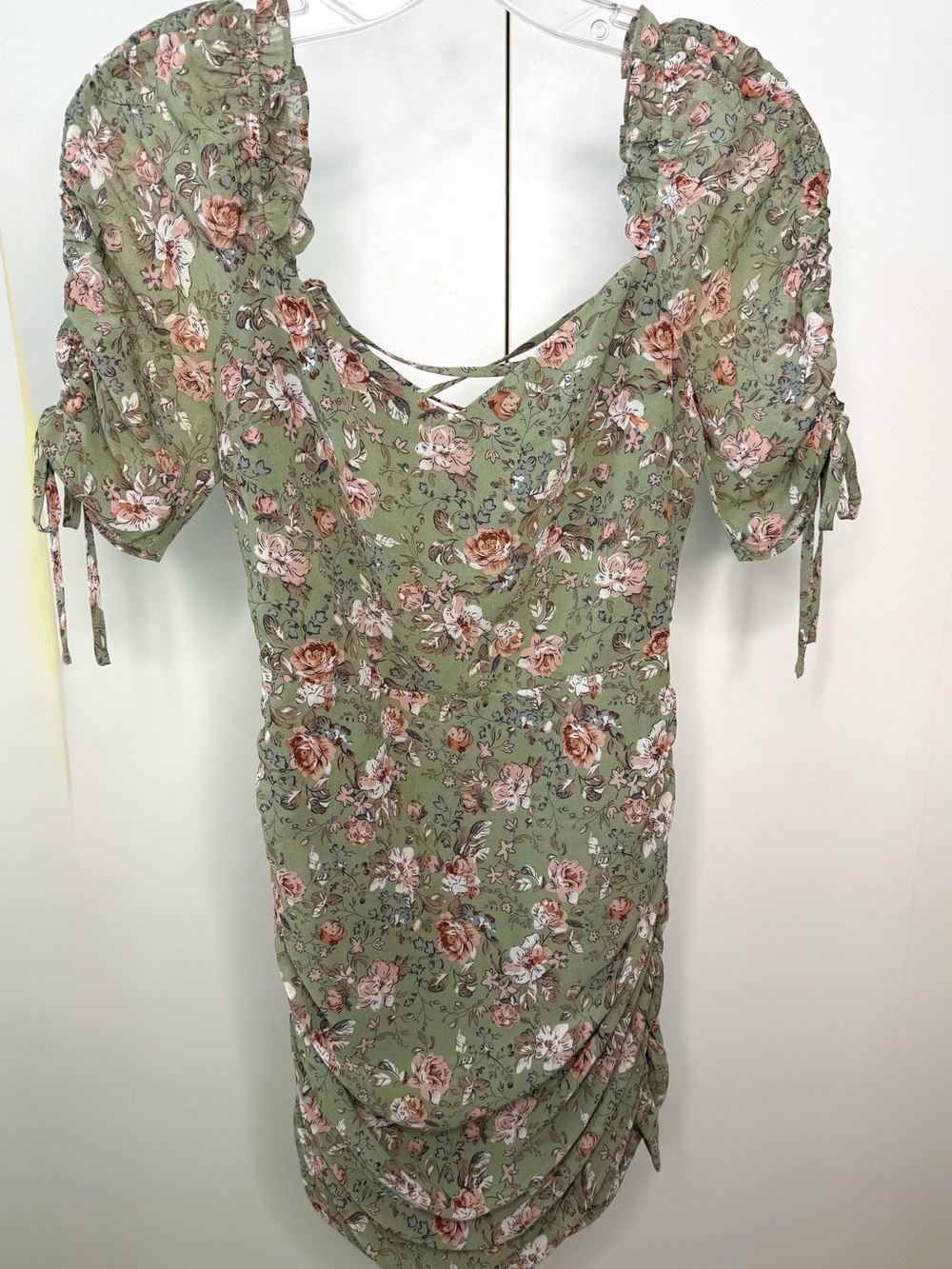 Altar'd State Olive Green Floral Mini Dress with Puff Sleeves